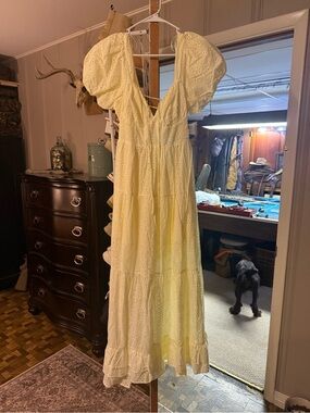 Light Yellow Eyelet Maxi Dress with Puff Sleeves